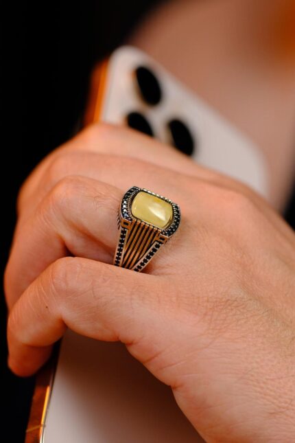 Özel Yapım Damla Kehribar Tasarımlı 925 Ayar Gümüş Yüzük